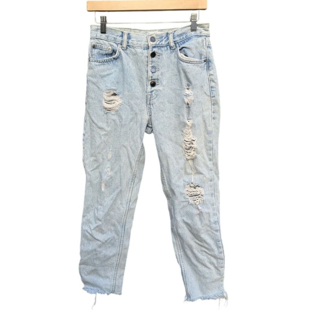 High waist distressed 90s burn out jeans button fly ripped light wash size 4